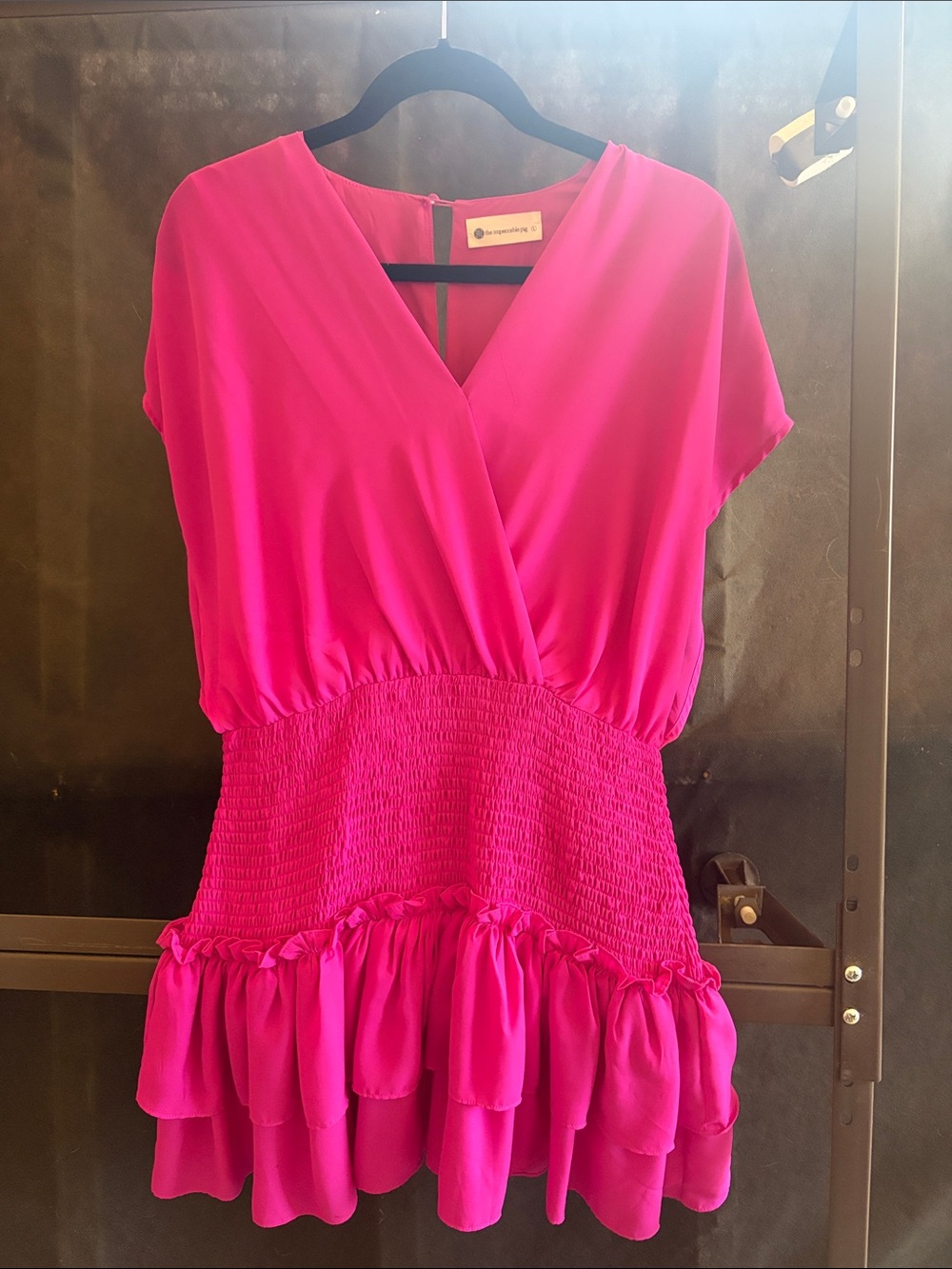 Bright Pink Short Sleeve Smocked Waist Women's Top
